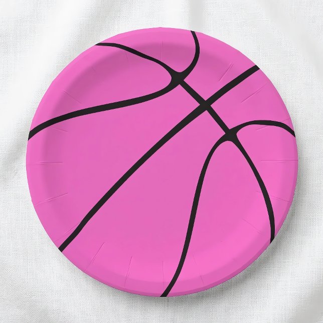 Pratos de Papel de Basquetebol Rosa (Pink basketball paper plates for basketball parties and celebrations, on a white tablecloth.)