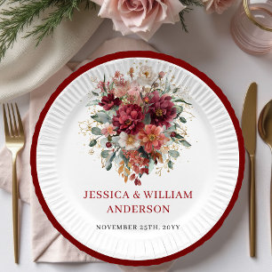 Pratos de Papel de Casamento Burgundy Floral Glam 