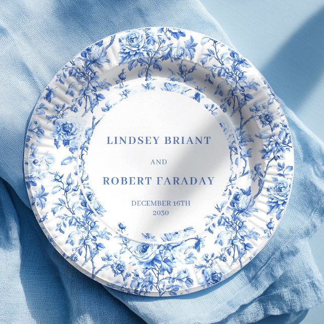 Pratos de Papel de Casamento com Flores em Azul Em (Dusty Blue Floral Wedding Paper Plates)