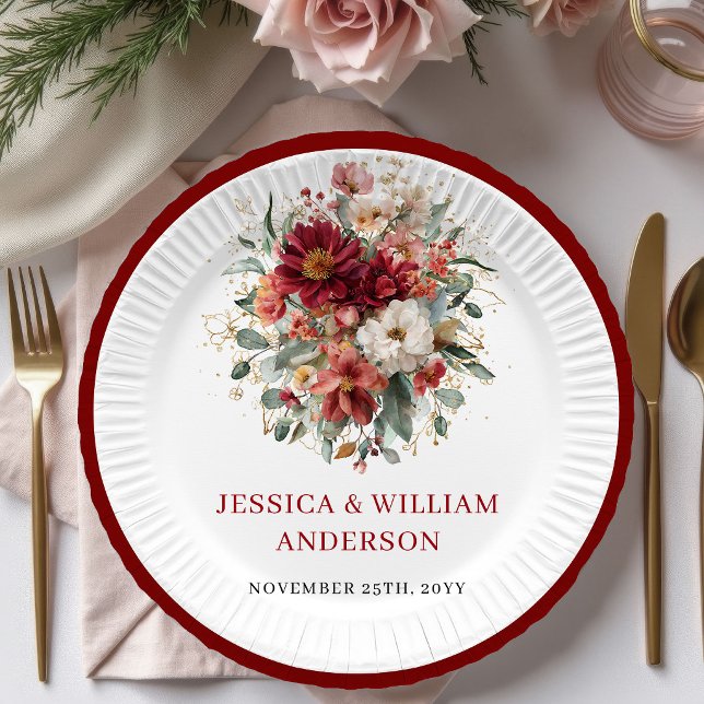Pratos de Papel de Casamento de Eucalipto Borgonha (Seasonal Burgundy Eucalyptus Wedding Paper Plates

)