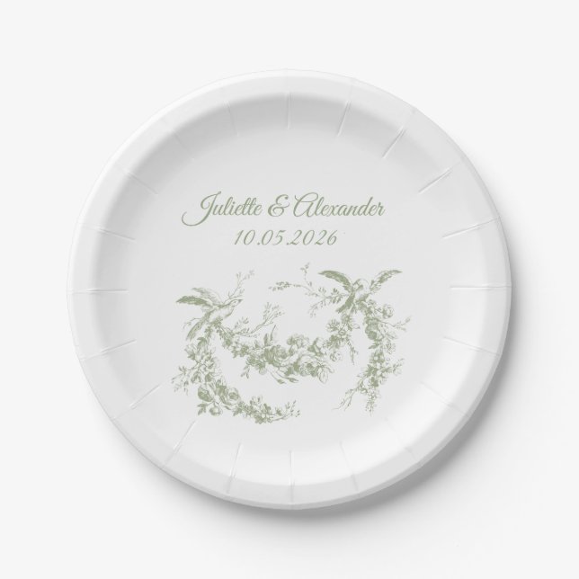 Pratos de Papel de Casamento Olive Green Toile de  (Frente)