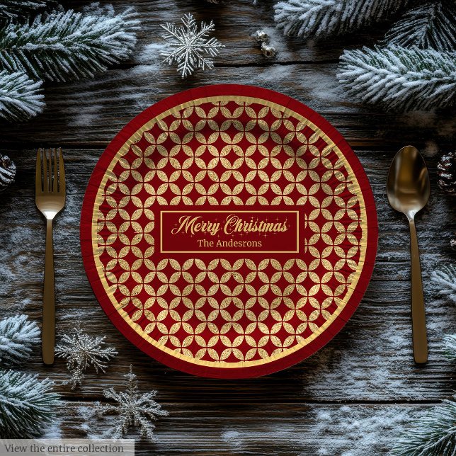 Pratos de Papel de Festa Vermelho Dourado Monogram (Holiday Paper Plates Red Gold Festive Monogram)