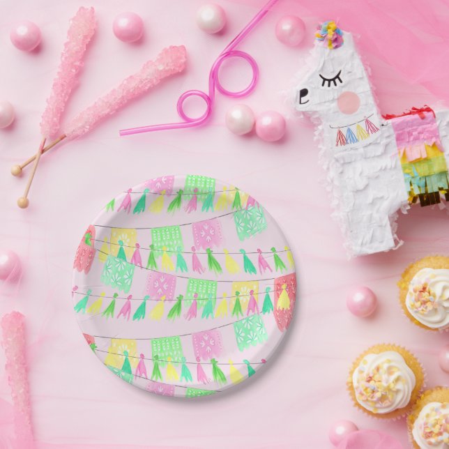 Pratos de Papel de Fiesta Rosa Verde Tassel Papel  (Festa)