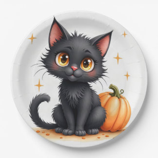 Pratos de Papel de Gato Preto de Halloween Fofo