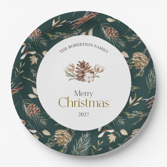 Pratos de Papel de Inverno Elegantes com Pinhas (Frente)