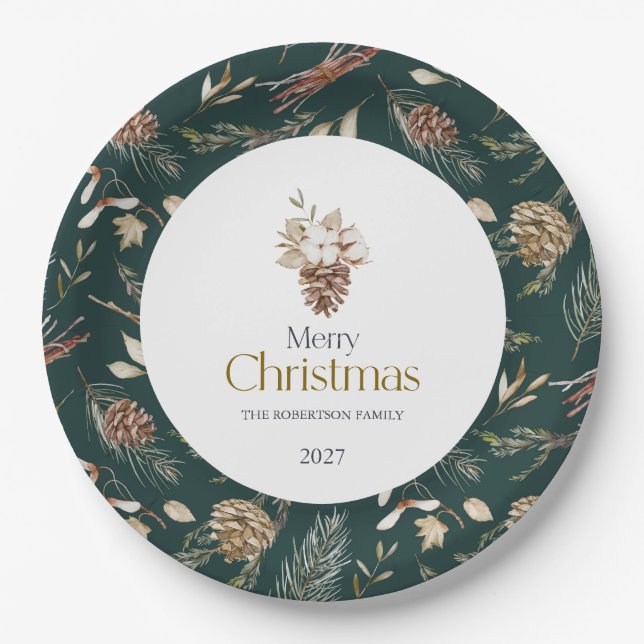 Pratos de Papel de Inverno Elegantes com Pinhas (Frente)