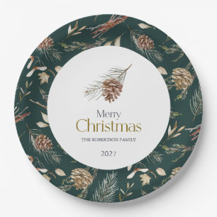 Pratos de Papel de Inverno Elegantes com Pinhas
