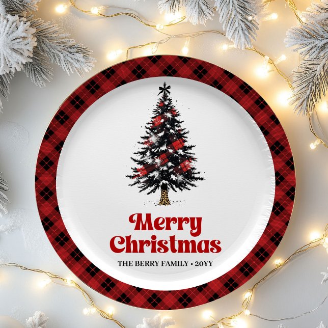 Pratos de Papel de Natal Árvore Xadrez Búfalo Míni (Minimal Buffalo Plaid Tree Christmas Paper Plates)