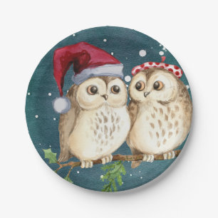 Pratos de Papel de Natal com Coruja Fofa para Mesa