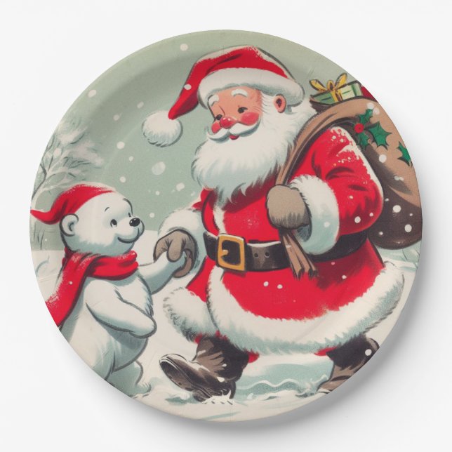 Pratos de Papel de Natal do Papai Noel e Urso Vint (Frente)