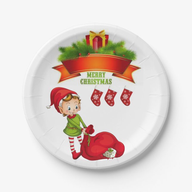 Pratos de Papel de Natal, Merry Christmas Elf (Frente)