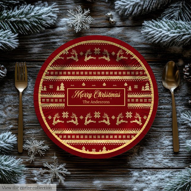 Pratos de Papel de Natal Nome Personalizado Luxo V (Custom Name Christmas Paper Plates Luxe Red Gold)