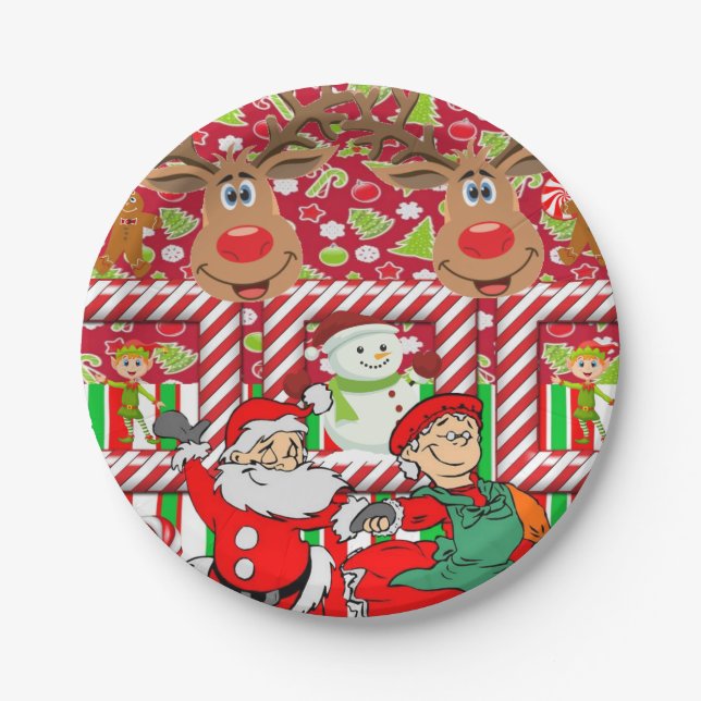 Pratos de Papel de Natal, Rena Alegre Papai Noel E (Frente)
