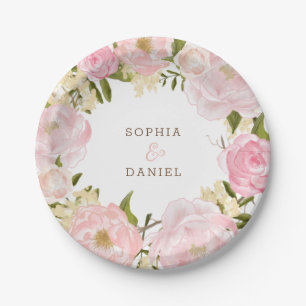 Pratos de Papel de Noiva com Floral Rosa para Chá 