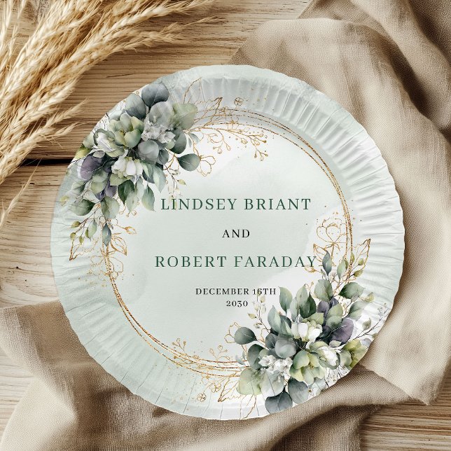 Pratos de Papel de Noiva com Folhagem Botânica em  (Dusty Green Botanical Foliage Wedding Paper Plates)