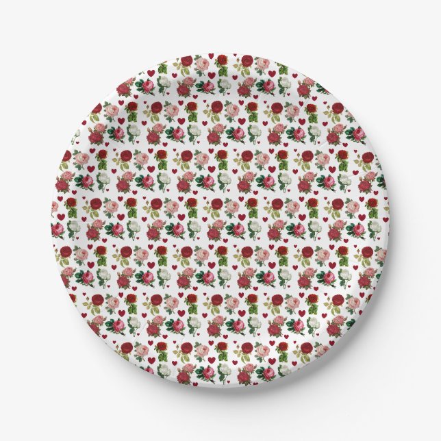 Pratos de Papel de Rosas e Corações para o Dia dos (Frente)