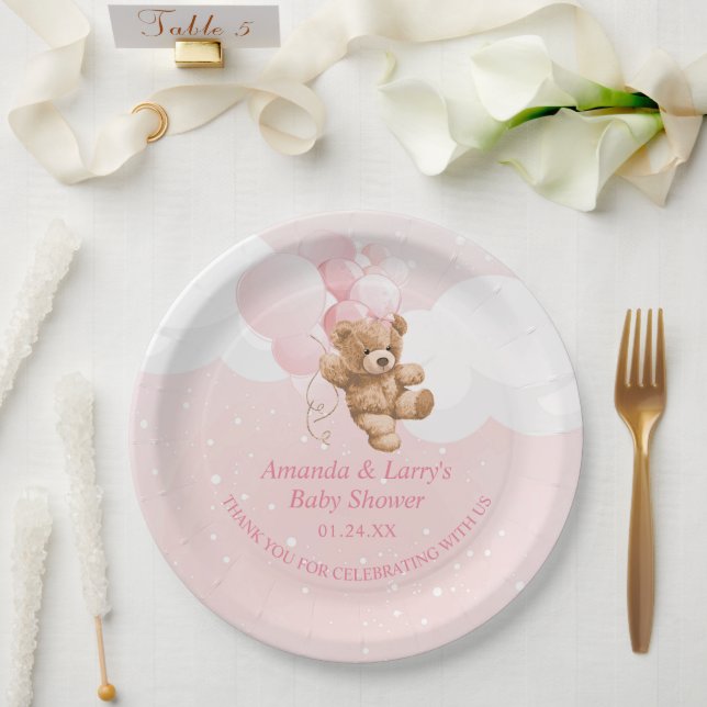Pratos de papel de ursinho rosa com balões (Casamento)