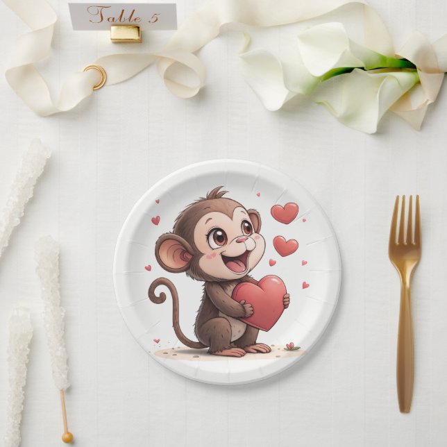 Pratos de papel Dia dos Namorados Macaco Corações  (Casamento)