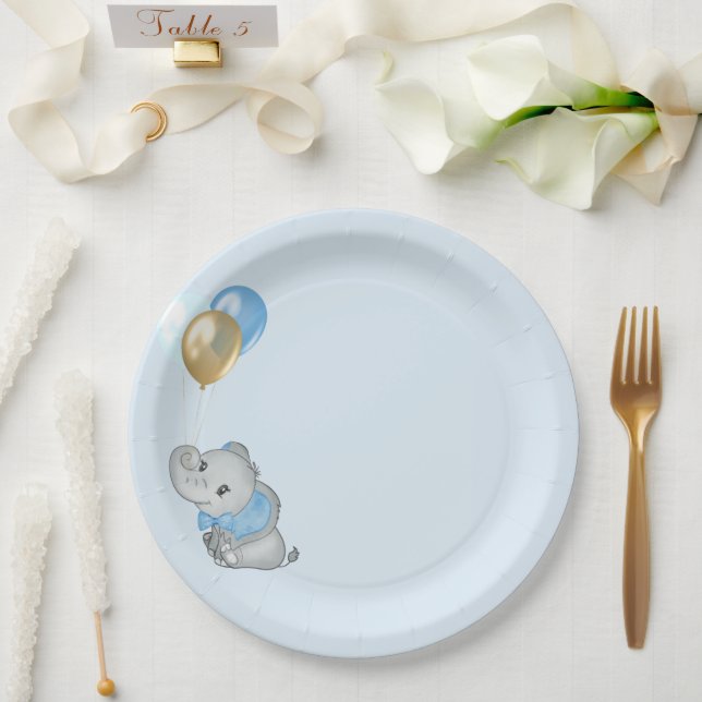 Pratos de papel Elefante Azul Chá de Bebê (Casamento)