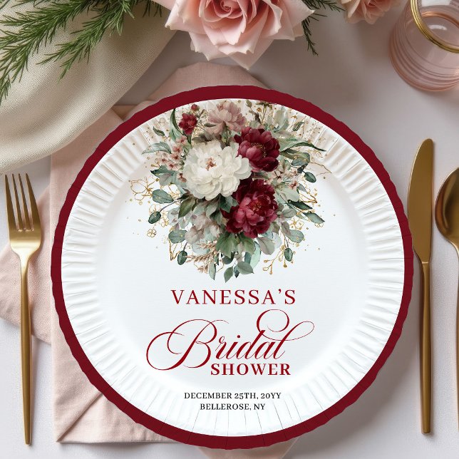Pratos de Papel Elegantes para Chá de Noiva Marsal (Elegant Marsala Floral Bridal Shower Paper Plates)