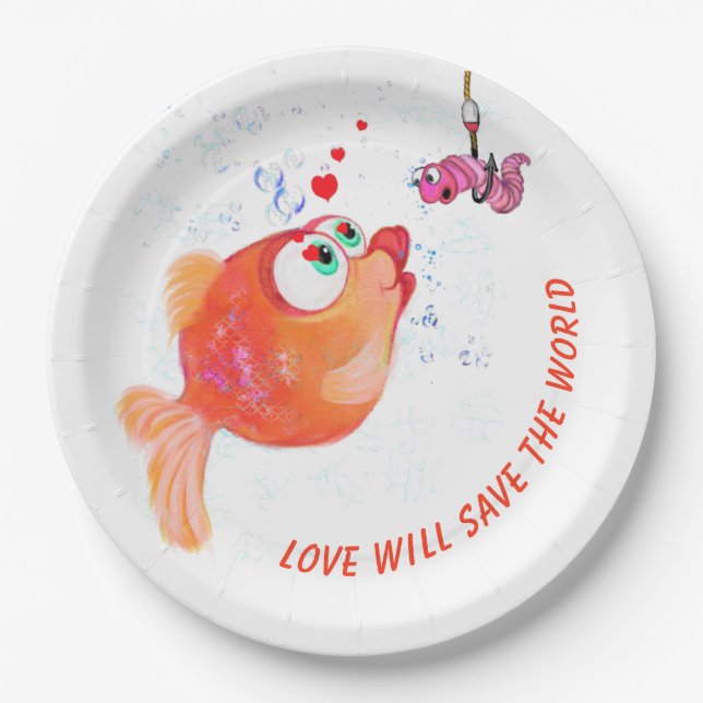 Pratos de Papel Engraçados Peixe e Minhoca Amor (Frente)