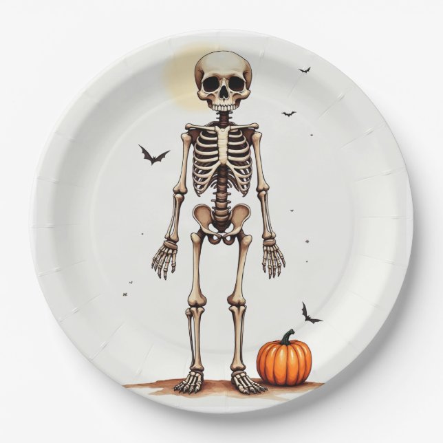 Pratos de papel esqueleto de Halloween (Frente)