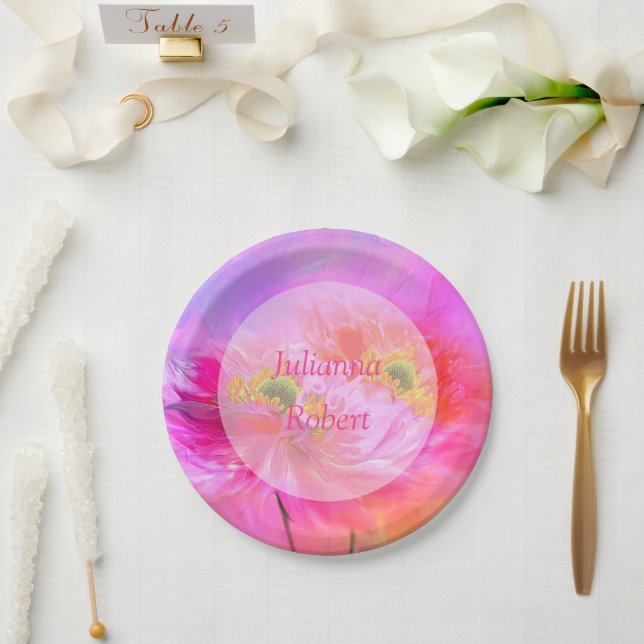 Pratos de papel fantasia floral rosa (Casamento)