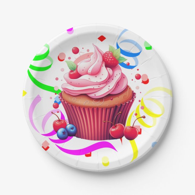 Pratos de Papel Feliz Aniversário Confete Cupcake (Frente)