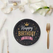 Pratos de Papel Feliz Aniversário Preto e Dourado