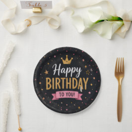 Pratos de Papel Feliz Aniversário Preto e Dourado 