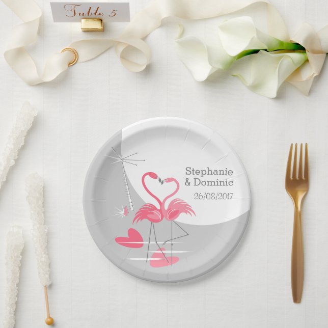 Pratos de papel Flamingo Amor Grandes Nomes Lua Da (Casamento)