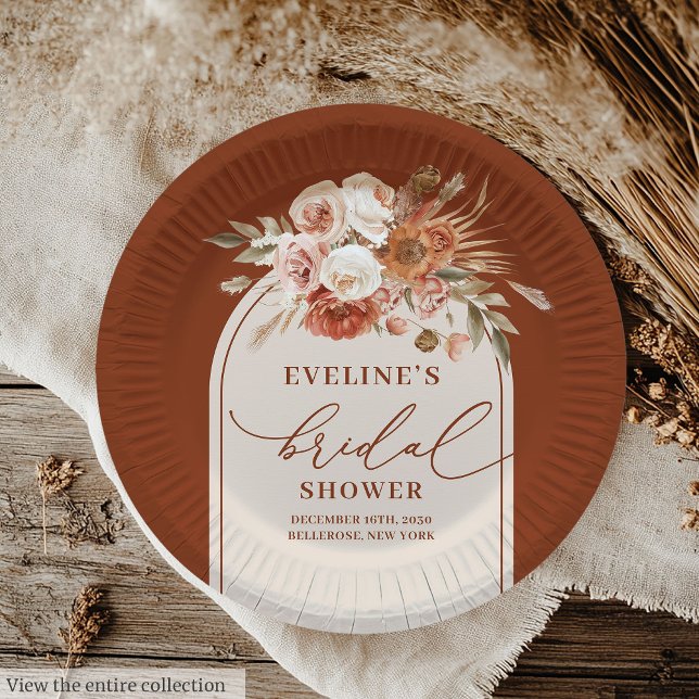 Pratos de Papel Florais de Grama das Pampas de Ter (Modern Terracotta Pampas Grass Floral Paper Plates)