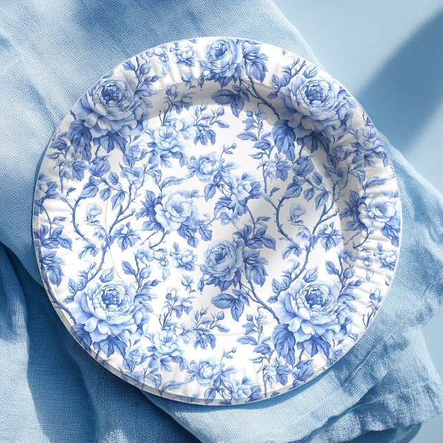 Pratos de papel florais de rosas em toile de Jouy  (Dusty Blue French Toile Roses Floral Paper Plates)