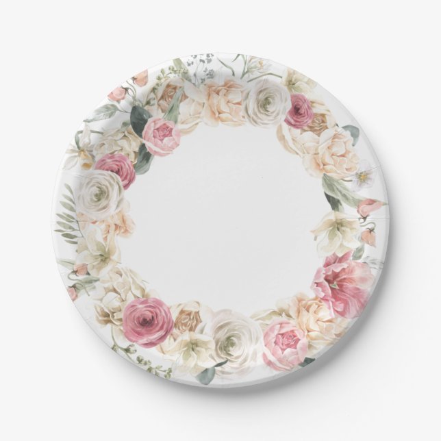 Pratos de Papel Florais Rosa e Branco da Primavera (Frente)