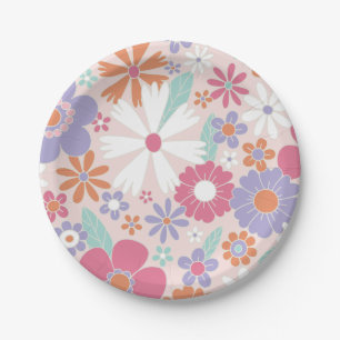 Pratos de Papel Florais Rosa Retro Groovy
