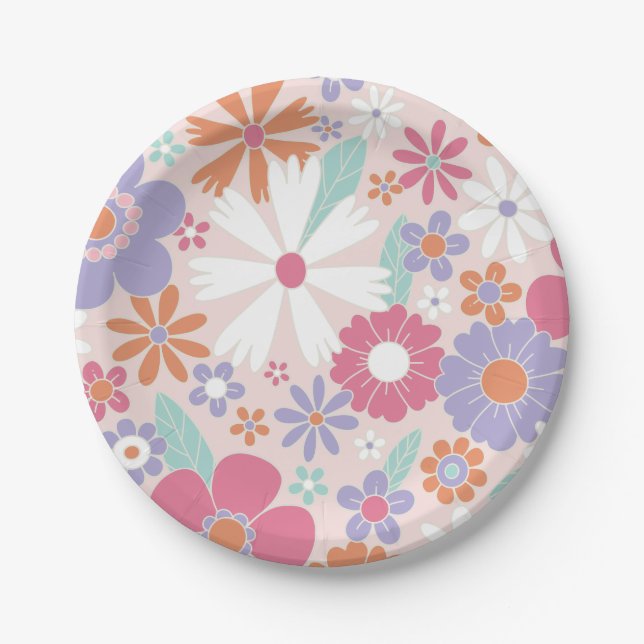 Pratos de Papel Florais Rosa Retro Groovy (Frente)