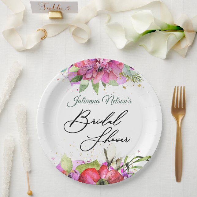 Pratos de papel florais roxos e vermelhos (Casamento)