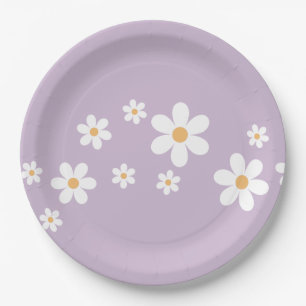Pratos de Papel Florais Roxos Retro Daisy