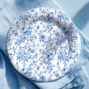 Pratos de Papel Florais Toile Azul de Luxo com Ros