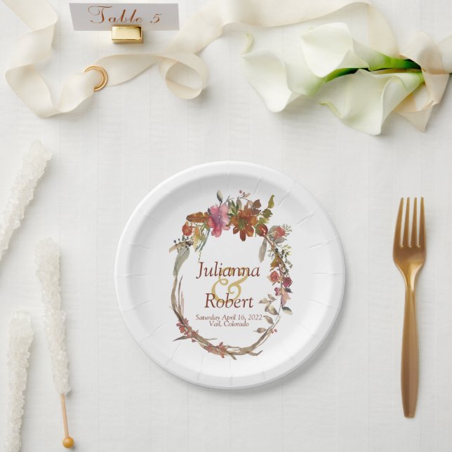 Pratos de papel floral Boho aquarela (Casamento)