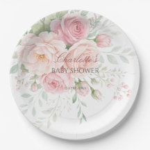pratos de papel floral de rosas rosa suave