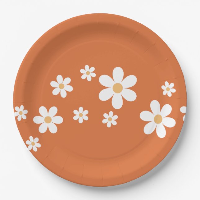 Pratos de Papel Floral Laranja Queimada Retro Dais (Frente)