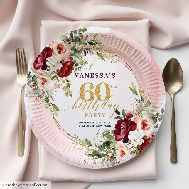 Pratos de Papel Floral Marrom Boho Moderno com Beg (Modern Boho Maroon Blush Gold Floral Paper Plates

)
