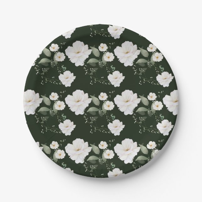 Pratos de papel floral preto com rosa branca para  (Frente)