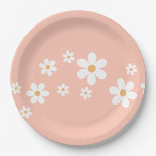 Pratos de Papel Floral Rosa Claro Retro Daisy