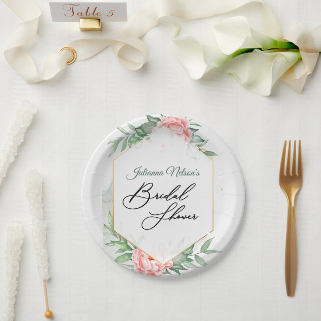 Pratos de papel floral rosa e verde (Casamento)