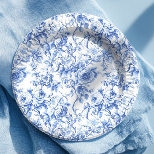 Pratos de Papel Floral Rosas Azul Royal Toile de J