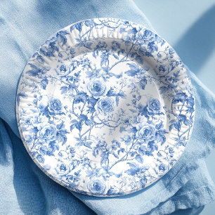 Pratos de Papel Floral Rosas Toile Francesa Azul C