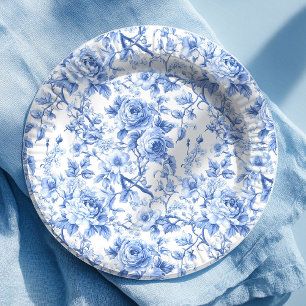 Pratos de Papel Floral Rosas Toile Francesa Azul M