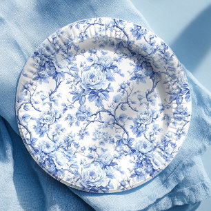 Pratos de Papel Floral Rosas Toile Francesas Azul 